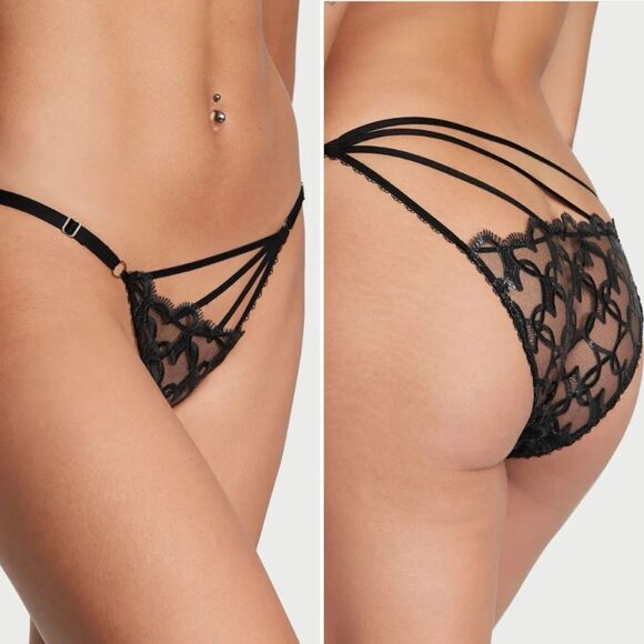 Victoria's Secret Shimmer Heart Embroidery Adjustable String Bikini Panty Black - Picture 1 of 8